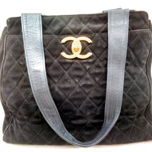 Chanel Tote Bag Matelasse Black Suede Leather Large Gold CC Unisex